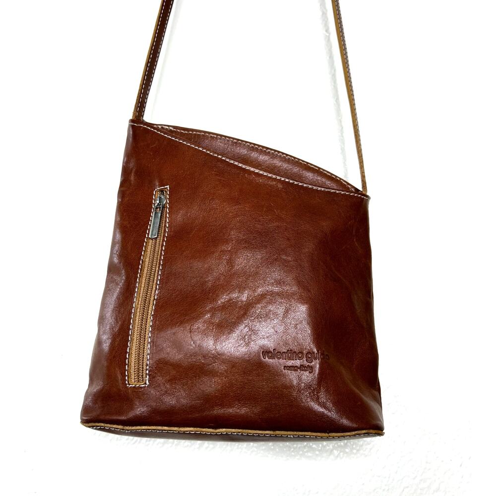 Valentino Guido Brown Genuine Leather Crossbody Purse Shoulder Bag Zip Vintage